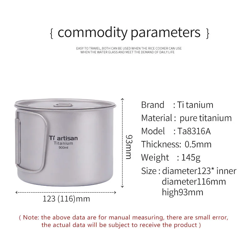 Tiartisan 900 мл чистый титановый горшок для кемпинга, Ультралегкая титановая чаша с крышкой, большая емкость, посуда для пикника