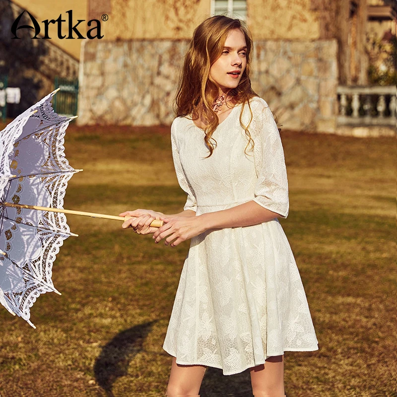 ARTKA Лето 2018 новое женское элегантное и простое белое кружевное мини платье