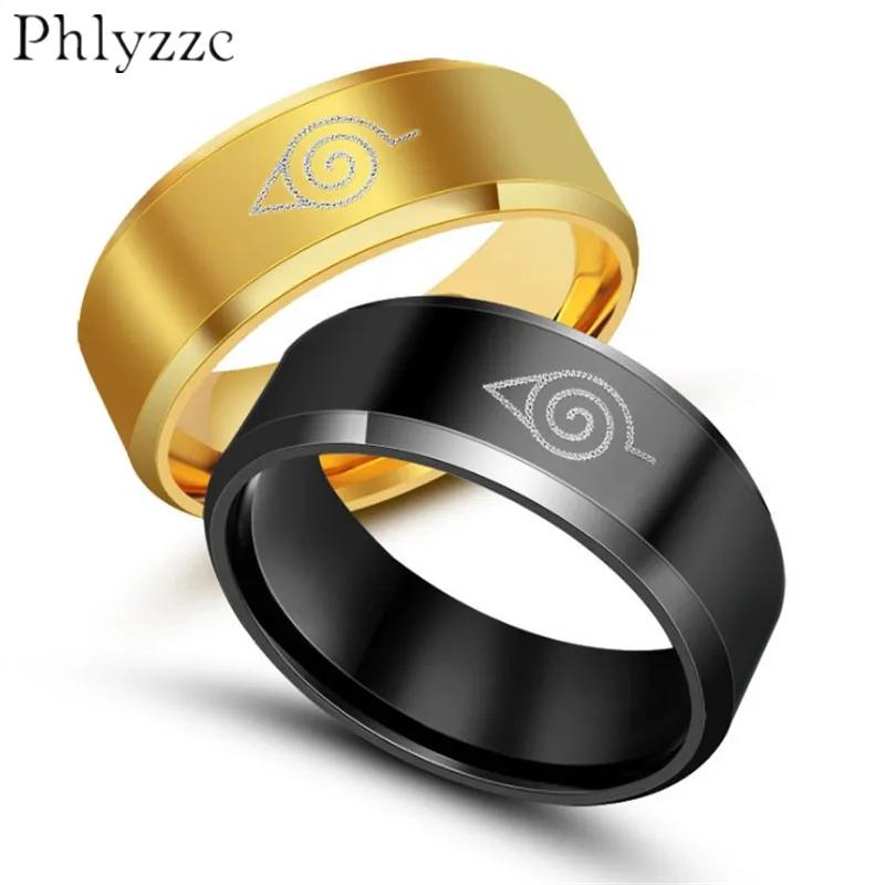 Anime naruto ring 8mm Gold color black stainless steel mens ring