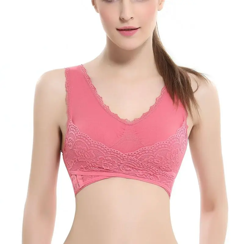 Women's Intimate Lace Solid Color Cross Bra Pink Model