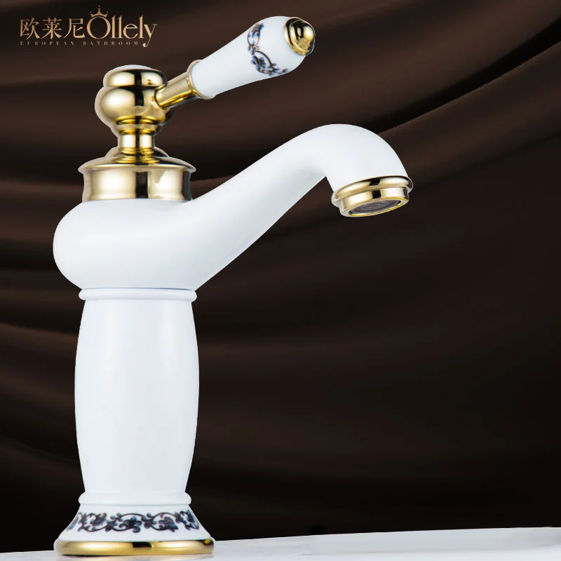 European Antique Kitchen Faucets Brass Ceramic White Gold Basin Faucet