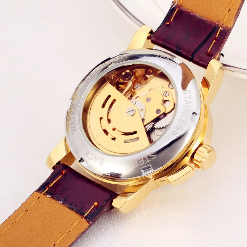 WINNER для мужчин и женщин роскошный бренд Золотой Скелет кожа повседневные часы автоматические механические наручные часы Подарочная