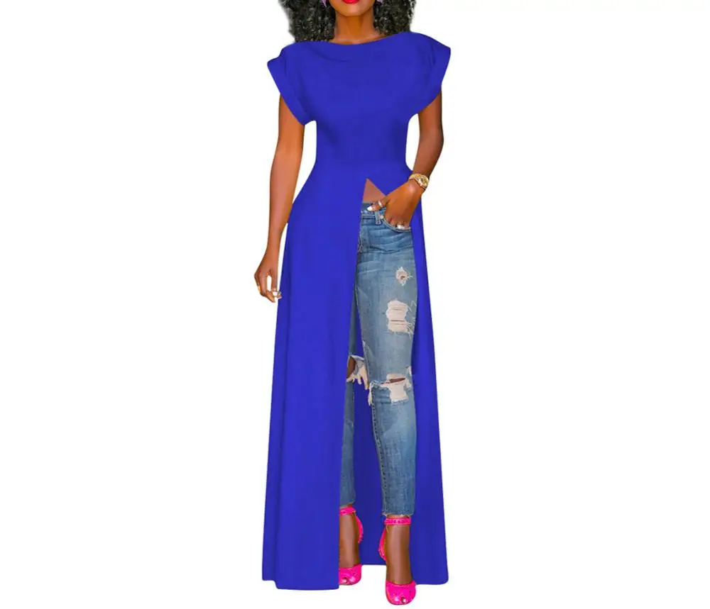 

Women Wardrobe Short Sleeve Long Shirt Solid Color Round Neck Front High Slit Maxi Dress Tops