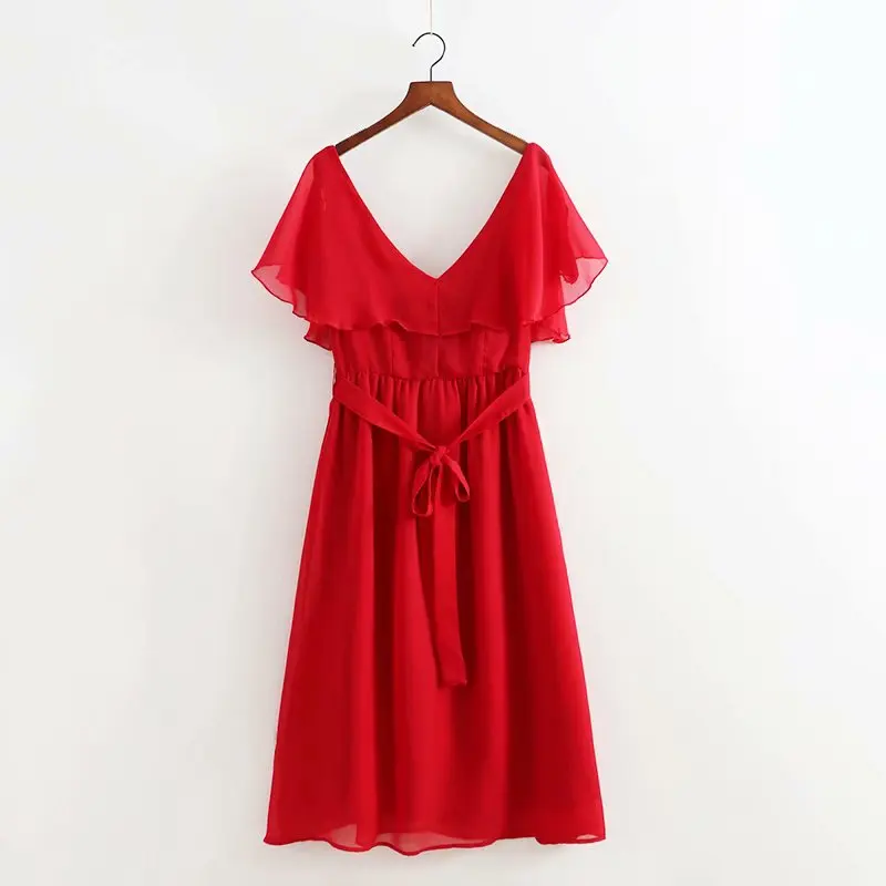 

2019 New women elegant v neck solid color sashes chiffon dress female chic short sleeve ruffles vestidos a line dresses DS2617