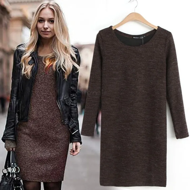 2014 New Promotion Autumn Winter Women Casual Round Collar Long Sleeve Slim Dress Velvet Vestido Mini Coffee 34 | Женская одежда