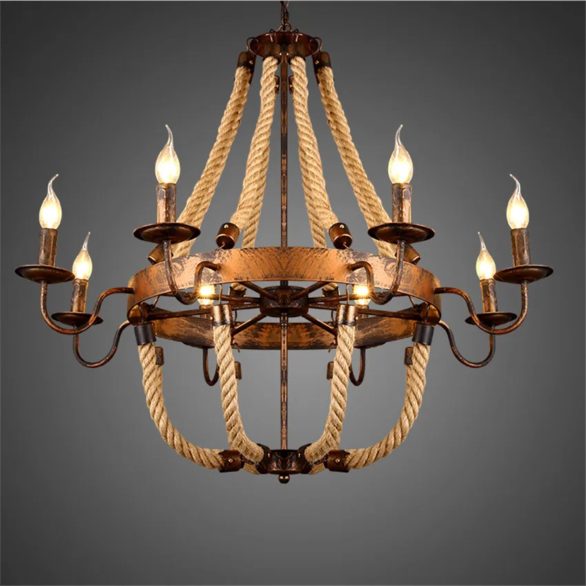 

Countryside Retro Iron Rust Color Hemp Rope Chandelier 6/8 head coffee/clothing shop Restaurant living room Candle Pendant Lighs
