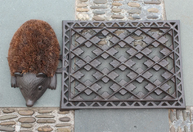 

Decorative Cast Iron Boot Brush and Scraper Shoe Cleaner Hedgehog Animal Attractive Scroll Design Brush Shabby Vintage Door Mat