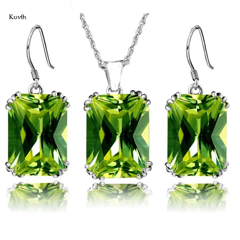 

Exquisite Women Sliver Plated Jewelry Sets Geometric Green Crystal Pendant Necklace Hook Earring New Party Gifts Jewelry