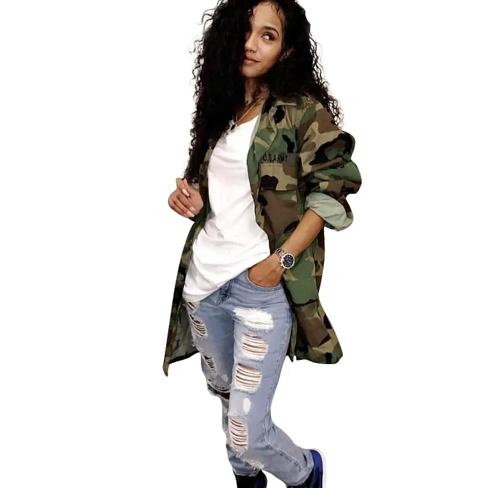 2018 Women Camouflage Long Coat Fashion Drawstring Zipper