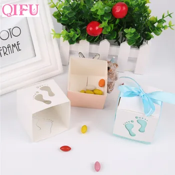 

QIFU 10pcs Baby Feet Laser Cutting Candy Box Baby Shower Party Gift Boxes With Ribbon New Born Kids Party Decoration Supplies