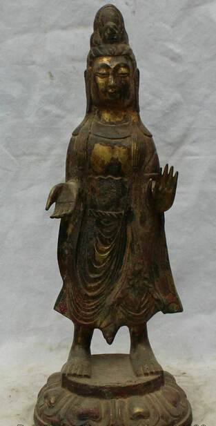 

p6592 21" Old Chinese Buddhism Bronze 24K Gold Stand Kwan-yin Guan Yin Goddess Statue