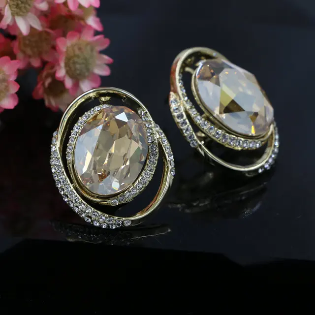 Gold Color Plated High Quality Oval Austrian Crystal Large Clip On Gold Color Plated High Quality Oval Austrian Crystal Large Clip On Earrings For Women Engagement Party