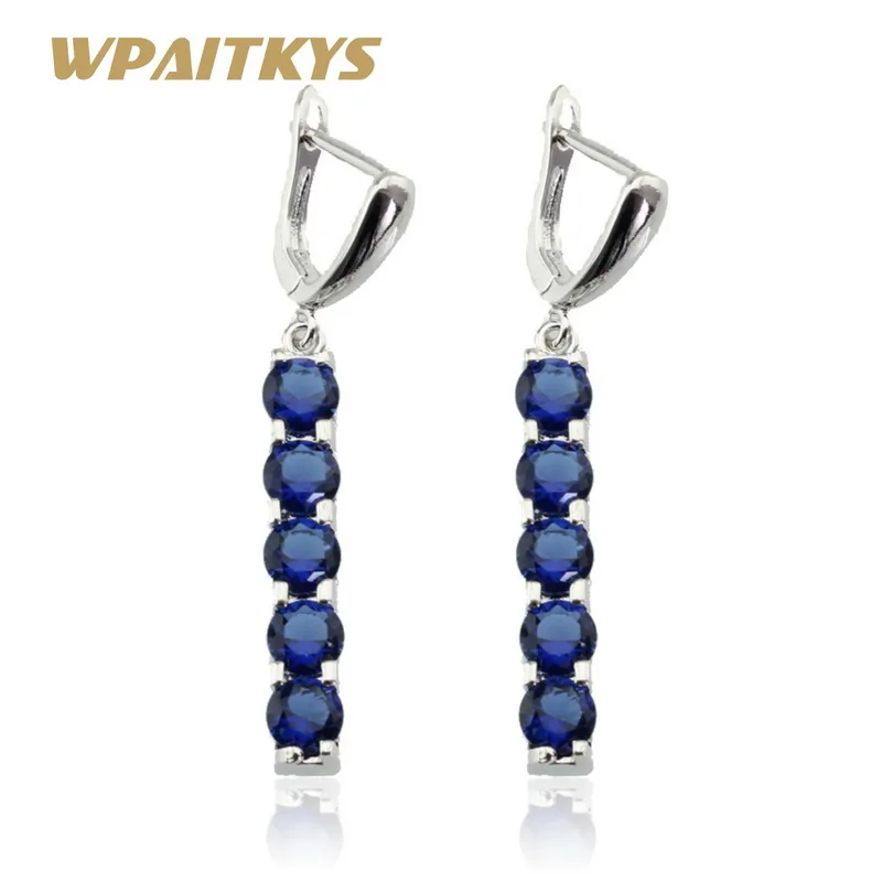 

WPAITKYS Round Blue Green Crystal Silver Color Long Earrings Jewelry For Women Party Free Gift Box