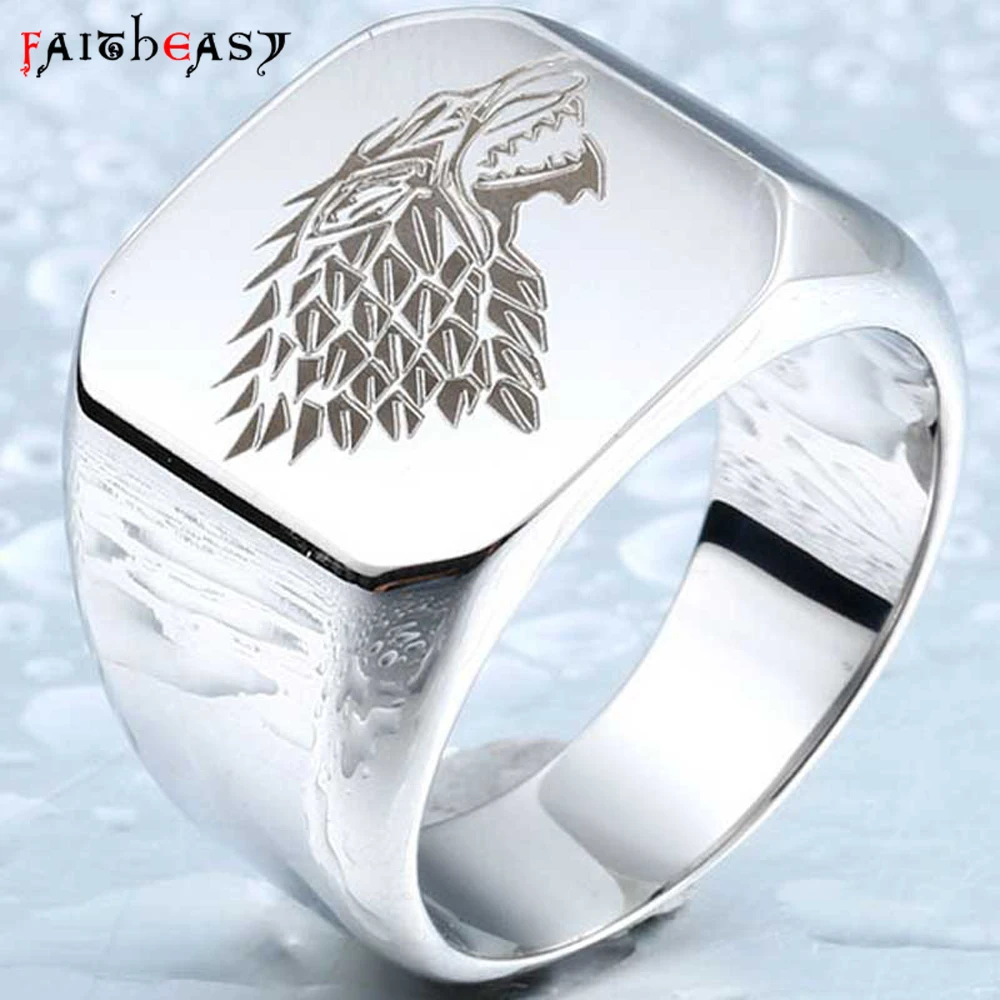 

Faitheasy Fashion Jewelry Men Stainless Steel Ring Game of Thrones Wolf House Stark Winterfell Design Punk Jewelry Retro Gifts