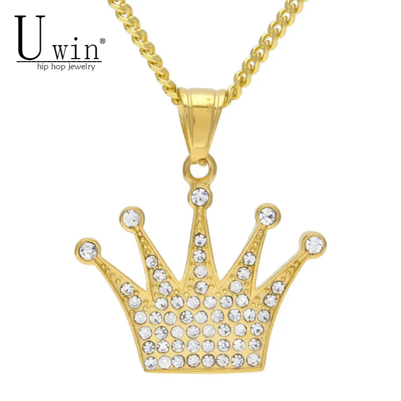 

UWIN Stainless Steel Crown Pendant Gold Men Women Titanium Iced Out Bling Rhinestone Crystal Hip Hop Necklace Chain Punk Jewelry