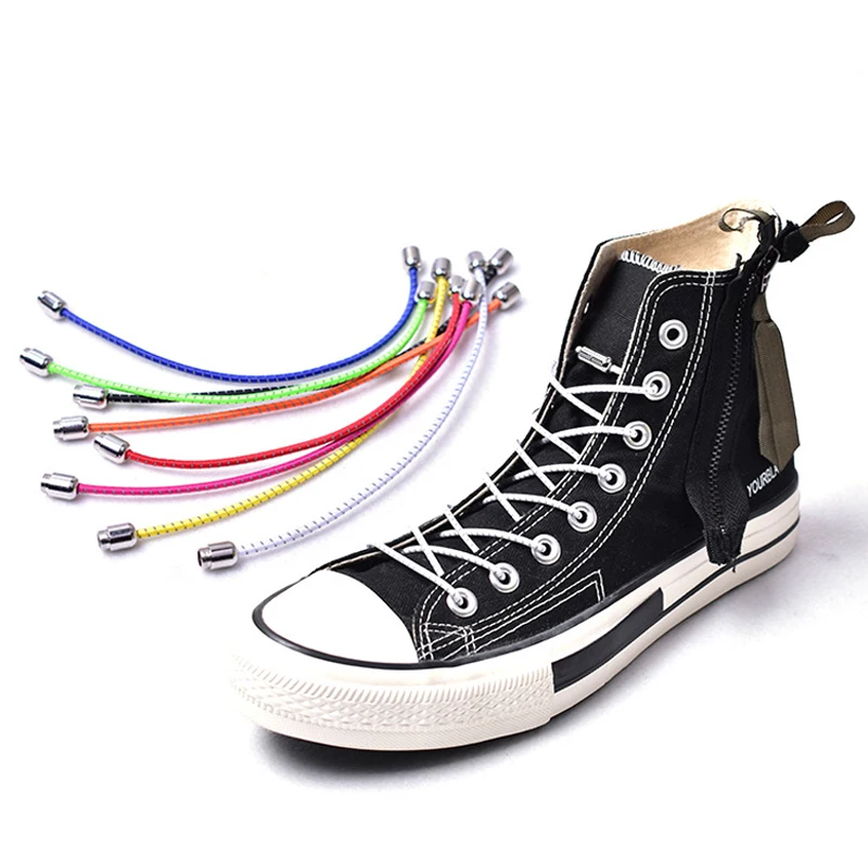 High Quality Lazy Shoelaces Locking Buckle Reflective Metal Capsule No Tie Elastic Shoe Laces Kids Adult Round Shoe Laces 100cm