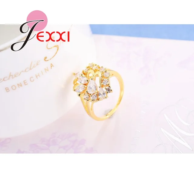 JEXXI Leaves Style  Gold Filled Rings For Women Cubic Zirconia Crystal Ring Luxury Wedding Fashion Jewelry Engagement Rings