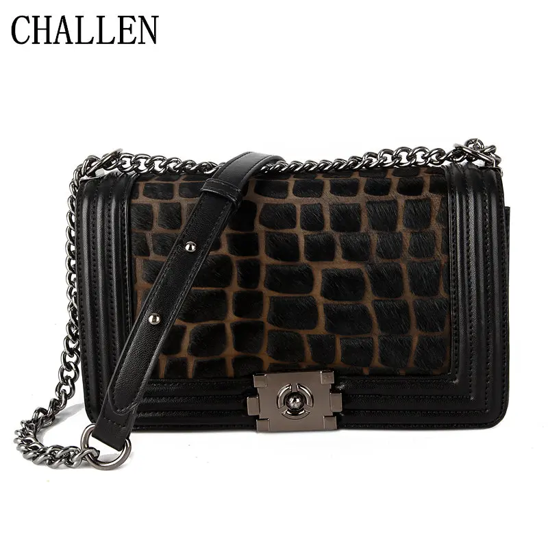 

2018 Stone pattern horse hair oblique cross chain square package Women High Quality Fashion Bags Female Purse Messenger Bag