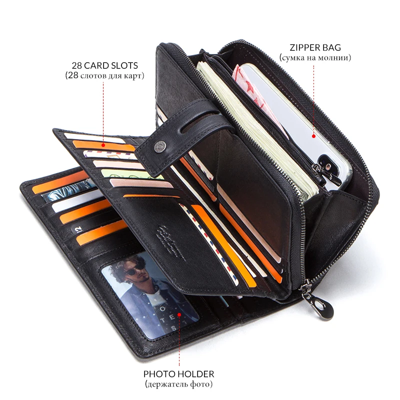 Contact's Genuine Leather Long Wallet Large Capacity Men Coin Purse Male Clutch Wallets Cell Phone Bag Portomonee Card Holder 4