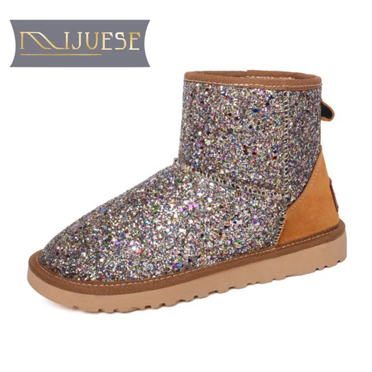 

MLJUESE 2019 women ankle boots Fur Brown color Bling Bling winter warm wool blend women snow boots women flat boots size 34-40