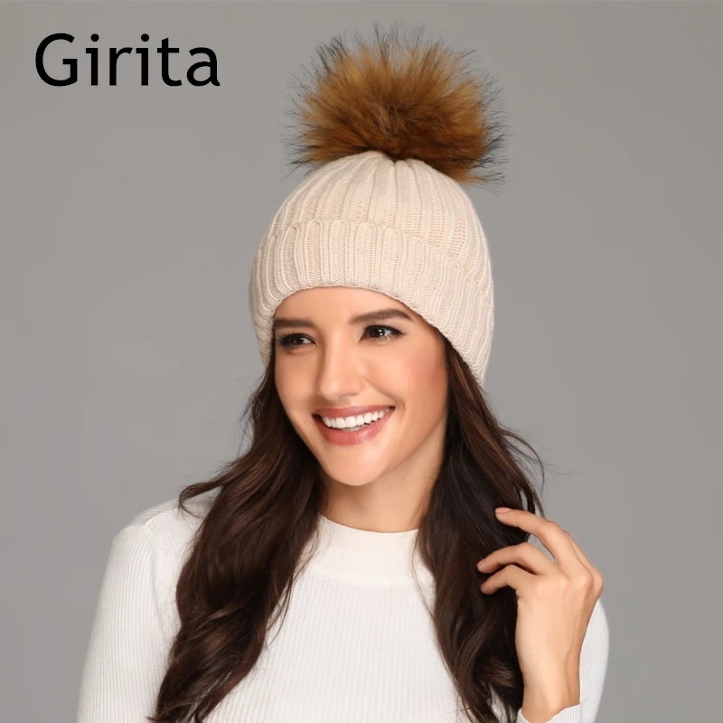 

Girita women winter knit hat Women's girl 's hats fleece lined crochet Skullies Cap Beanies Pompon Fur Female Warm Caps