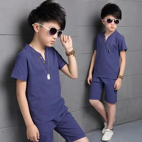 Летние комплекты одежды г. хлопковые футболки для мальчиков, комплект со штанами из 2 предметов, повседневные комплекты одежды для мальчиков Одежда для подростков От 4 до 16 лет - Цвет: navy