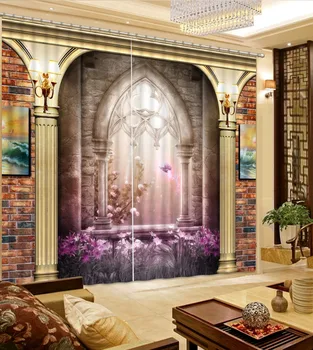 

Custom any size europe curtain Brick wall, roman pillar, pink flowers Bed room Living room Office Hotel Cortinas