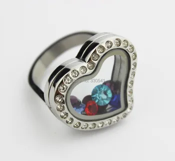 

10pcs heart with rhinestone magnetic floating locket ring size 8/9/10 FLR02