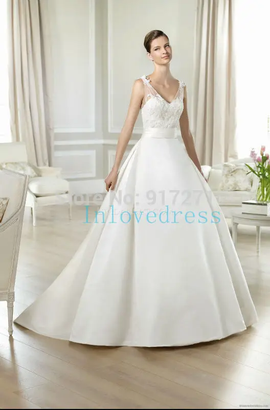 High Quality Free Shipping Custom-made Appliques Sashes V-neck Satin A-Line Wedding dress FEW-18 | Свадьбы и торжества