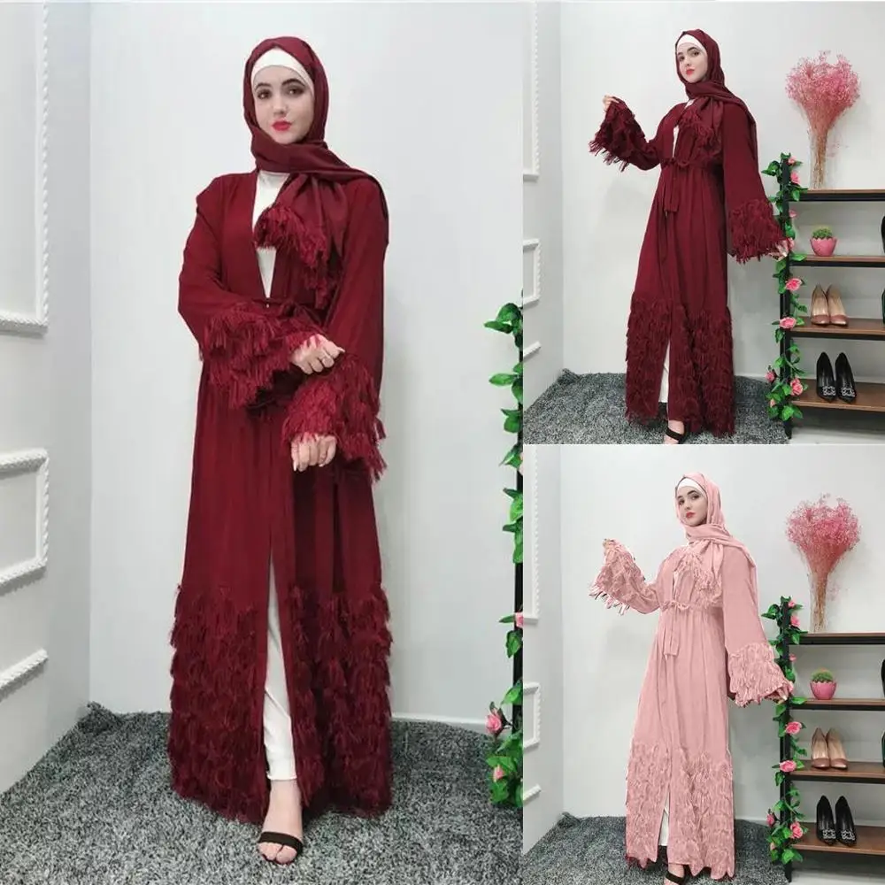 

Women Muslim Tassel V Neck Long Sleeve Arab Long Dress