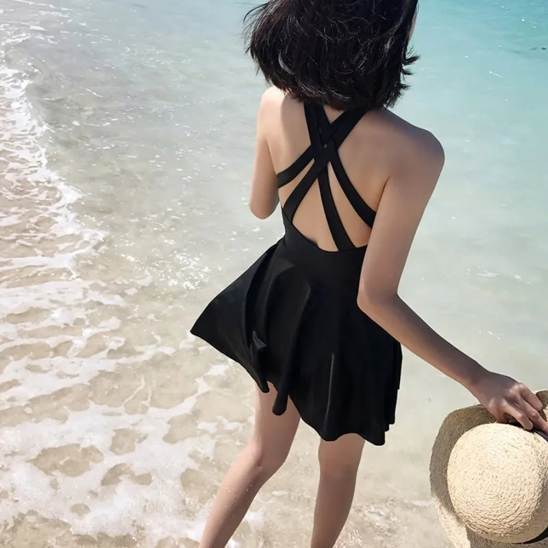 

Womens Swim Wear Swimwear Women Push Up Swimsuit Woman Big Size Lady's New Skirt Black Sexy Back Cover 2019 Solid Polyester