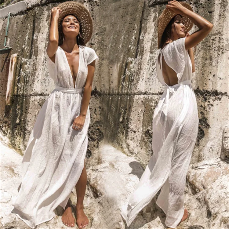 

Swimwear Cover Up Women Swim Dress Pareos Beach Tunic And Suit Cloth Neck Belt Skirt Acetate Solid Beach Cover Up Beachwear