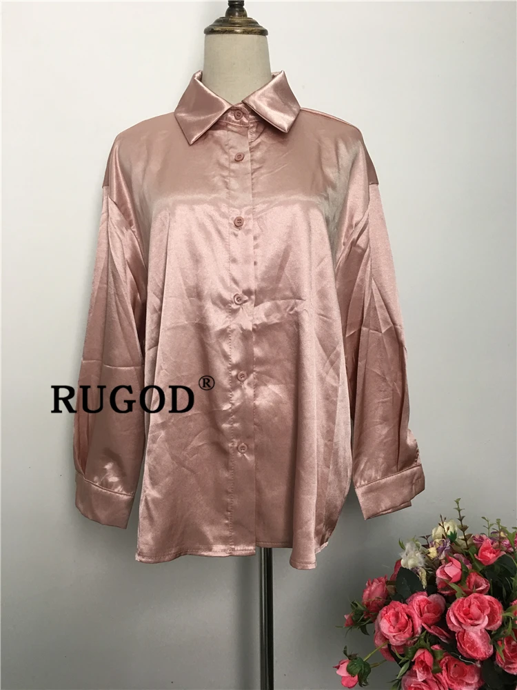 RUGOD атласное шелковое женские рубашки Длинные однобортные с v-образным вырезом элегантные однотонные офисные женские повседневные винтажные Блузы