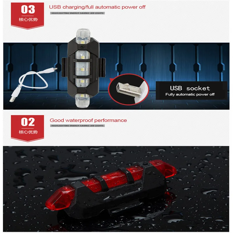 Discount Outdoor Riding Cycling bicycle light Waterproof Taillight 5 LED USB Rechargeable MTB road Bike Safety Warning Light Rear Light 5