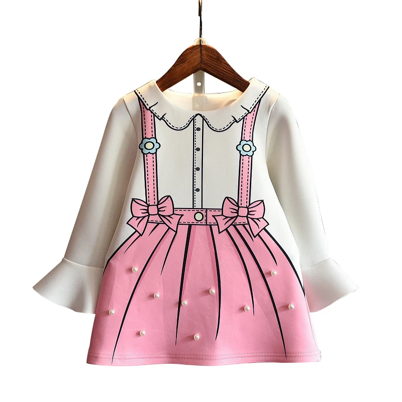 

Girls Dress Brand Printing Pearl Princess Dress Autumn Style Long Petal Sleeve Flowers Printing Design for Children Clothes