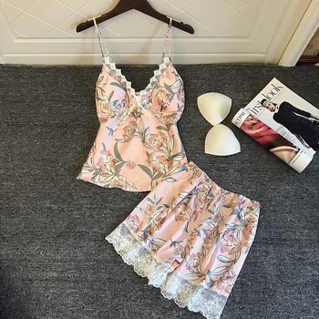 

New Fashion Women's Ladies Sexy Lingerie Lace Silk Pajama Sets Sleepwear Underwear Intimates Lounge Floral Sleeveless V-Neck