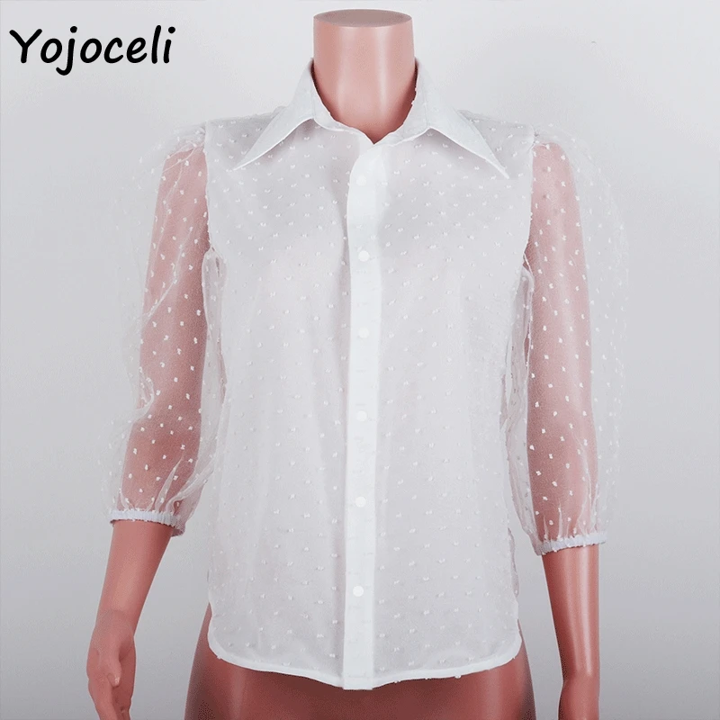 Yojoceli 2019 г. прозрачные блузки в горошек рубашка женская шифоновая шикарная топы