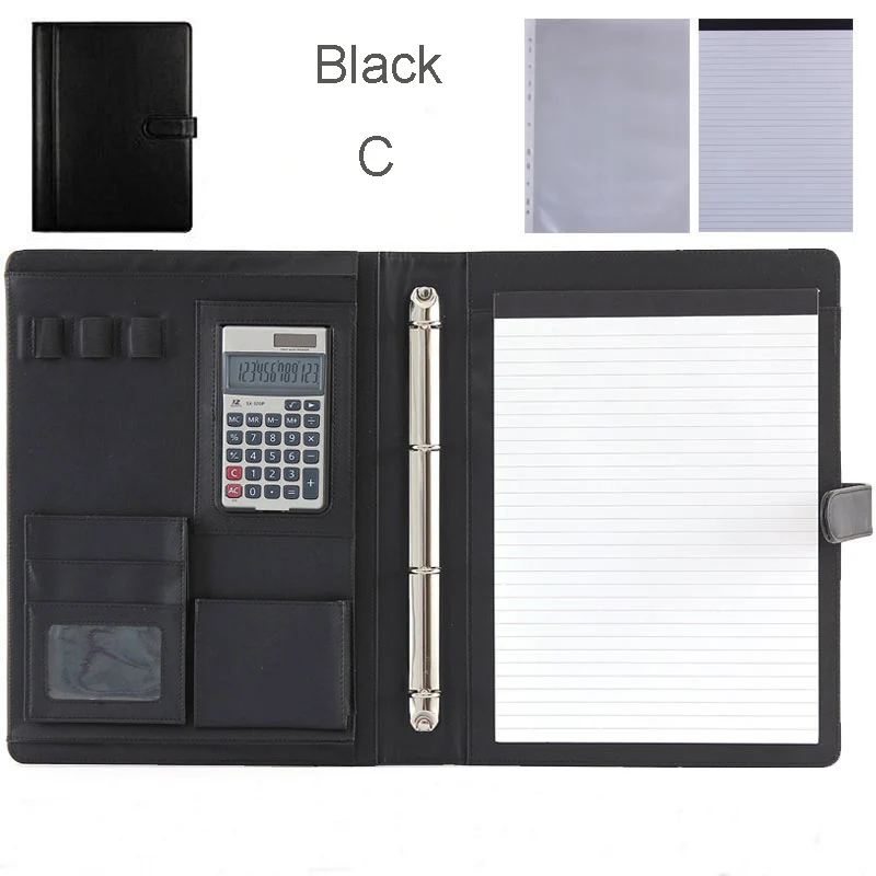 Бизнес-органайзер для файлов, папок mulfifunction Дизайн A4 кожаная папка 4 кольца Биндер блокнот с калькулятором и бумажные пакеты 1200 - Цвет: black C