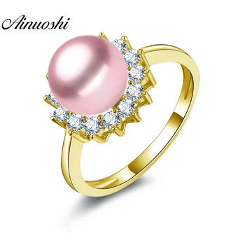 

AINUOSHI 14K Solid Yellow Gold Pearl Ring 8mm White Pink Purple Freshwater Pearl Ring Women Wedding Engagement Ring Jewelry Gift