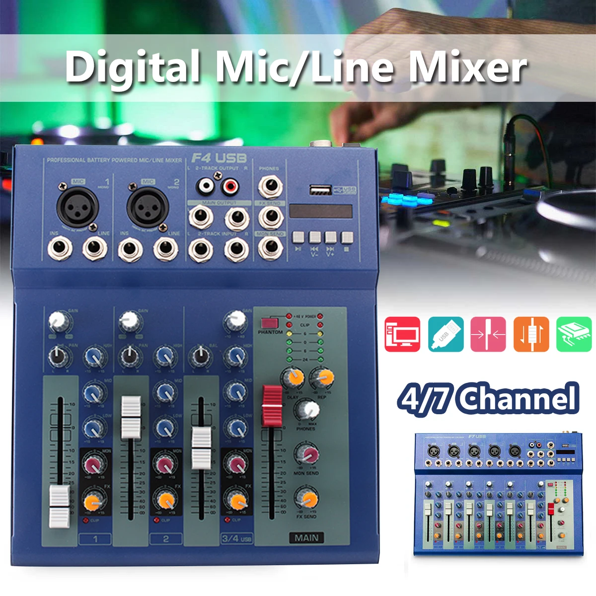 

F7/F4-USB 7/4 CH Mixing Console Digital Studio Audio DJ KTV Karaoke Sound Mixer