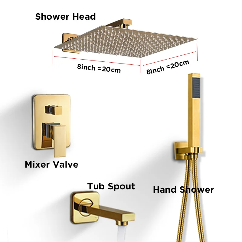 ULGKSD смеситель для душа для ванной комнаты, душевая головка из золотой нержавеющей стали, настенное крепление W/ручной душ Para для ванны, смеситель для душа, водопроводный кран - Цвет: 8 inch