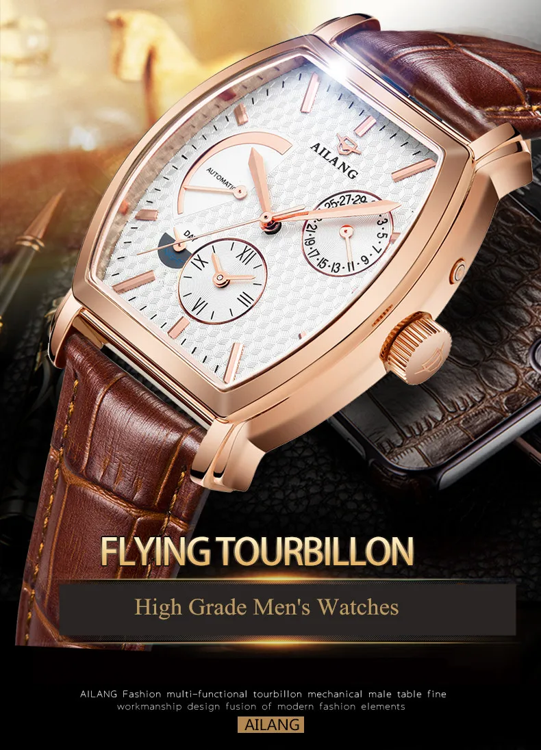 AILANG Мужские автоматические механические часы оригинальные мужские наручные часы с кожаным ремешком Tonneau винтажные часы 38 мм сапфировые часы со стразами для мужчин