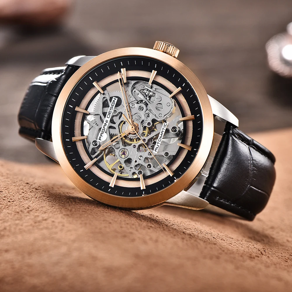 PAGANI дизайнерский бренд Лидер продаж Скелет Полые кожаные мужские наручные часы Роскошные Механические Мужские часы Новые Relogio Masculino