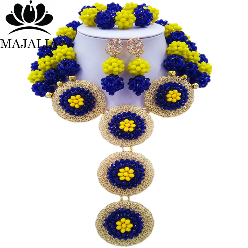 

Majalia Fashion Nigeria Wedding African Beads Jewelry Set Royal blue and yellow Crystal Necklace Bridal Jewelry Sets 3SP020