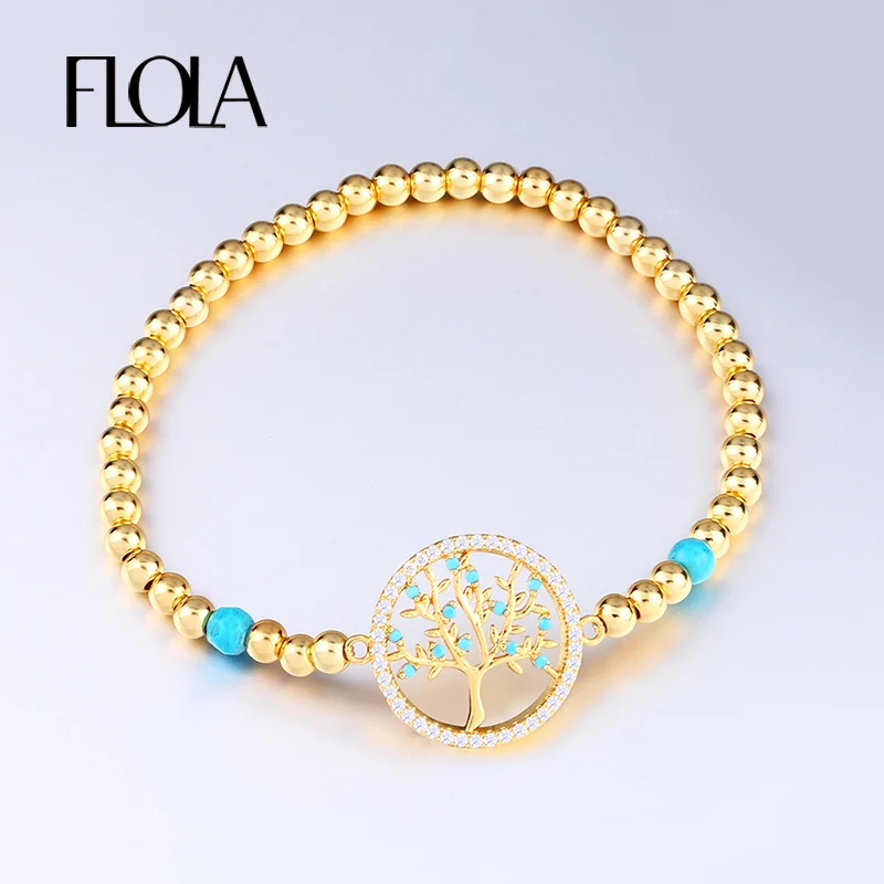 

FLOLA Luxury Golden Charm Tree Of Life Bracelet Ethnic Natural Stone Beads Chain Bracelet Fashion Jewelry for Women femme brta20
