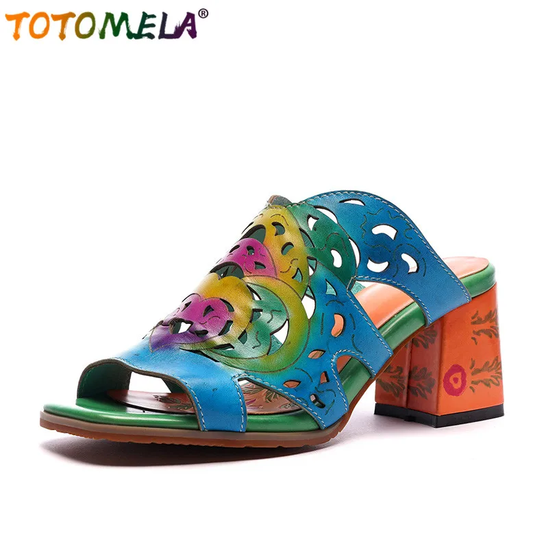 

TOTOMELA 2019 new arrive vintage genuine leather square heels elegant printing flower elegant casual wommen shoes