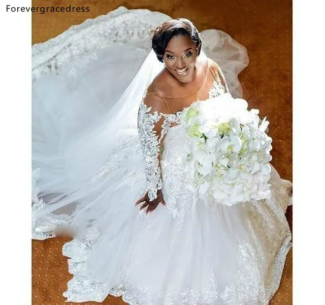 African Arabic Plus Size Wedding Dresses 2019 Sheer Long Sleeve Applique Ruched Bridal Wedding Gowns Puffy With Court Train Custom Made  185 (8)