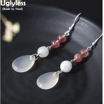 

Uglyless Real 925 Sterling Silver Ethnic Fine Jewelry for Women Water Drop Chalcedony Earrings Strawberry Quartz Balls Brincos