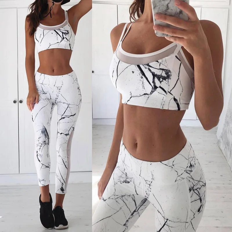 

Tracksuit For Women Marble Print Mash Patchwork 2 Piece Yoga Set Women Cropped Bra+Long Pant Fitness Sport Suit Women Clothing