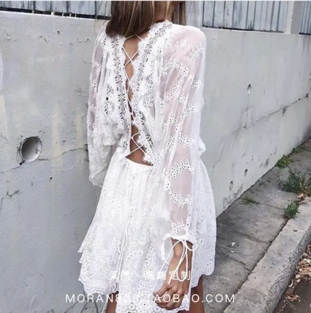 

2019 spring summer new vintage heavy work lace hollow out backless slim waist a-line women dress